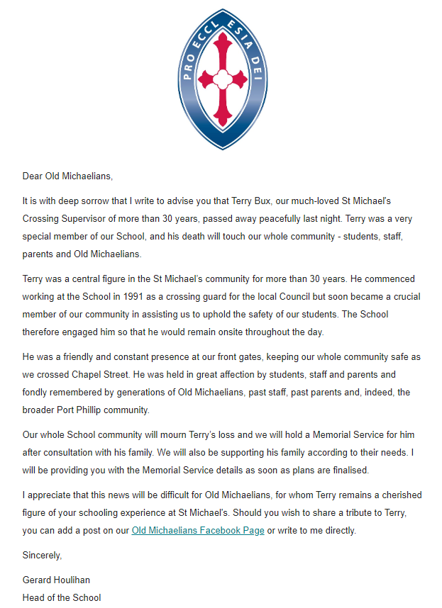 St Michael’s mourns the passing of Mr Terry Bux, School Crossing Supervisor